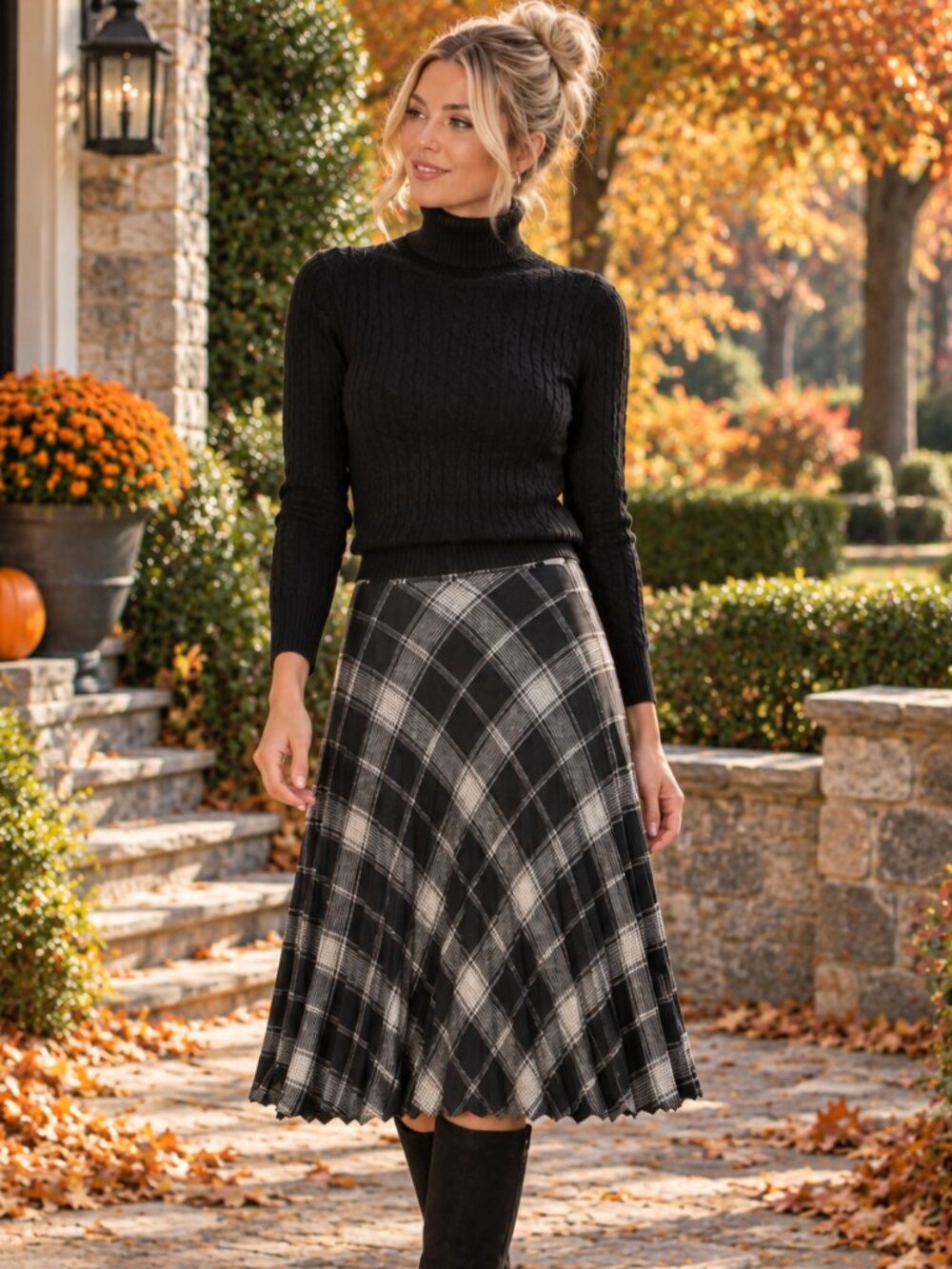 Pleated Black / White Wool Blend Midi Skirt - M - EXCELLENT CONDITION